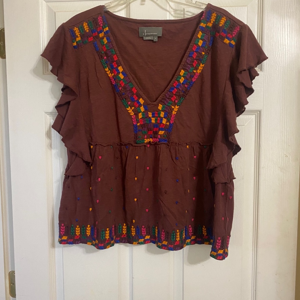 By Anthropologie Embroidered Ruffled Sleeve Peplum Top